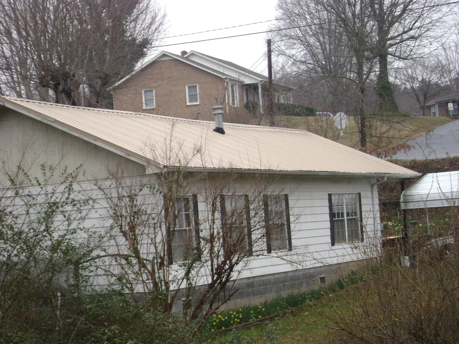 Tan metal roof on a white sided house set into a hillside — Commercial Roofing by Roofing Brothers in Saint James City